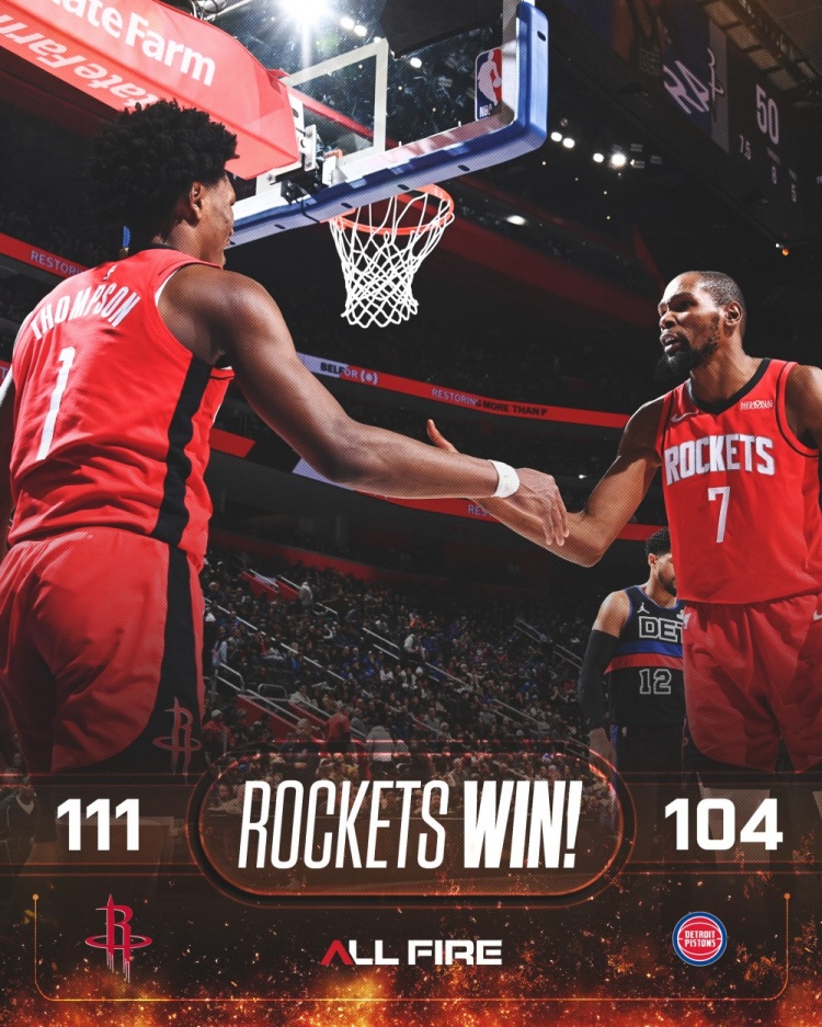正负值最高二人组！火箭赢球海报：封面为杜兰特+阿门击掌瞬间